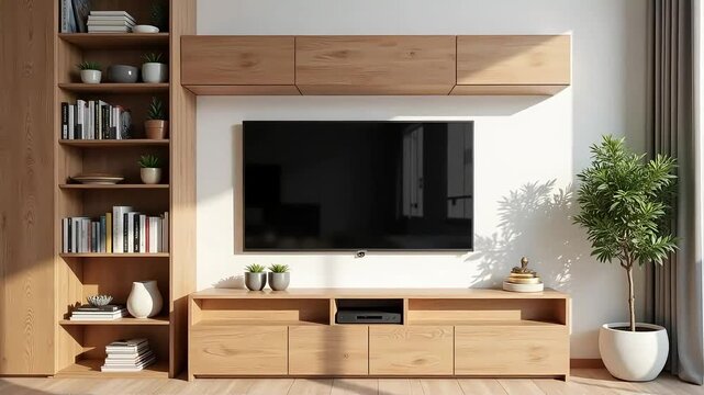 Modern living room with natural light, showcasing a stylish media console and bookshelf.