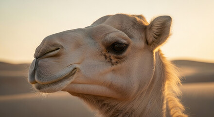 Obraz premium Close-up portrait of a camel with sand dunes at sunset