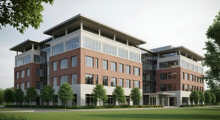 Exterior View of a Modern Office Building with Brick and Glass Facade Surrounded by Green Trees and Lawn Corporate Architecture