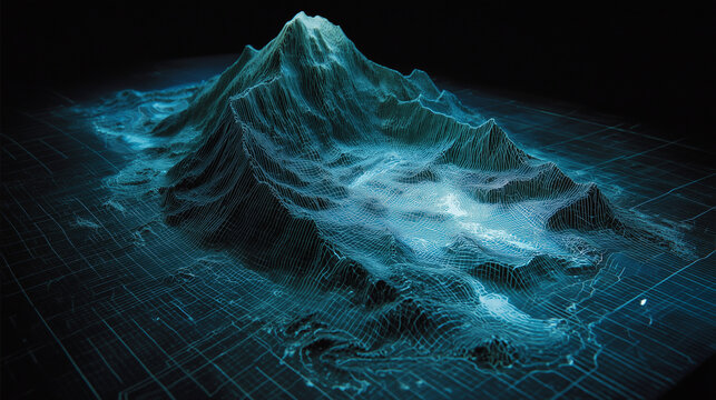 Futuristic holographic projection of the ocean floor based on sonar topography data.