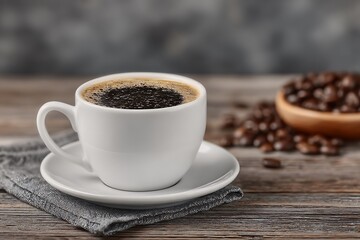 Fototapeta premium Freshly brewed coffee in a white cup on a rustic wooden table with beans.