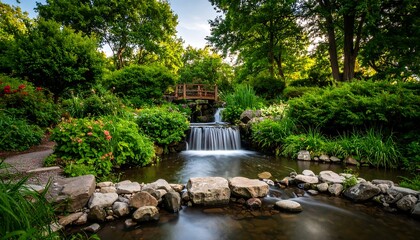 Serene garden waterfall cascades over rocks into a tranquil pool, a wooden footbridge overlooks the scene
