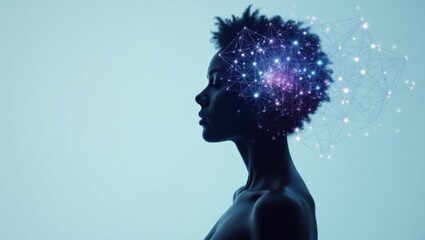 Silueta digital de una persona con patrones geométricos en expansión en la cabeza. Simboliza el crecimiento neuronal, la expansión de la conciencia y el procesamiento de datos