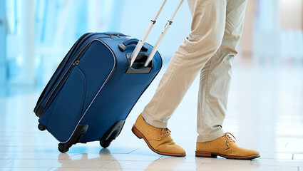 Man pulling blue suitcase with tan pants and shoes