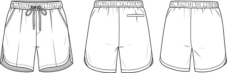 Detailed CAD drawing of athletic shorts, front view, back view, side view, vector fashion sketch, apparel technical illustration, sportswear design