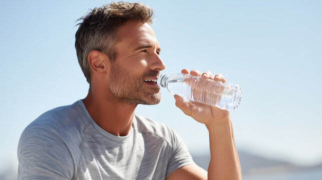Smiling middle-aged man drinking water from a plastic bottle on a sunny day. - Powered by Adobe