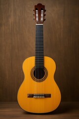 Obraz premium A realistic yellow classical guitar with wooden body, photographed upright against a brown wooden background.