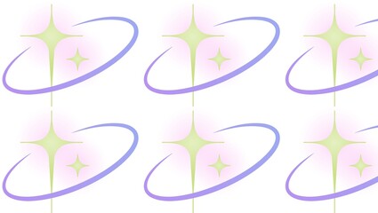 A pattern of light green stars with purple orbits on a white background in a repeating arrangement