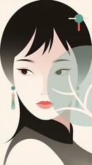 Stylized portrait of an Asian woman with serene expression, abstract leaves overlay, and soft gradient colors.
