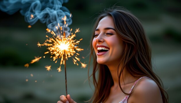 close up of a woman laughing while holding a sparkler, golden sparks in the air, minimalist style - Powered by Adobe