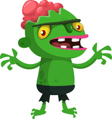 Cartoon funny green zombie. Halloween vector illustration of zombie creature.