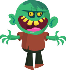 Cartoon funny green zombie. Halloween vector illustration of zombie creature.