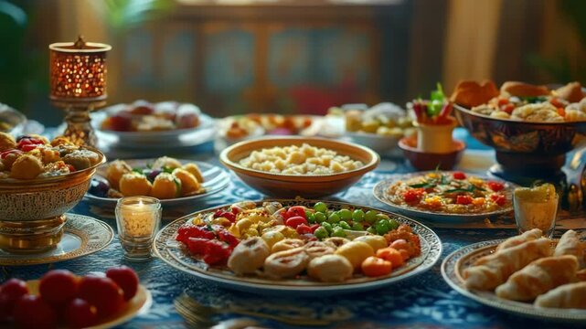 Plates and bowls filled with various ethnically diverse dishes, likely for a cultural or holiday feast.