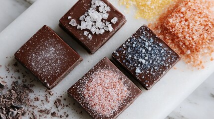 Salt varieties arrangement displaying colorful gourmet salts on chocolate bonbons with white marble background for fine dining photography