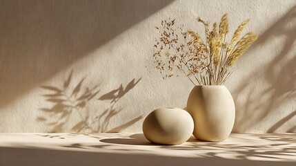 Still life of vases and dried plants in sunlight