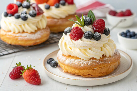 Traditional Italian dessert zeppole cake with Chantilly cream and fresh berries - Powered by Adobe