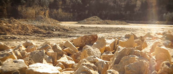 Panorama, extraction of crushed stone from rock large stones.