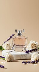 Feminine perfume bottle on a marble podium, adorned with delicate white roses and aromatic lavender sprigs against a neutral beige background.