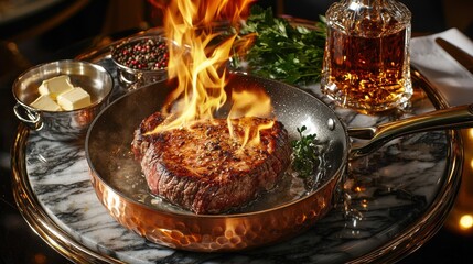 Tableside flambe cooking technique featuring flaming ribeye steak, crystal whiskey, copper cookware, herbs, luxury fine dining presentation