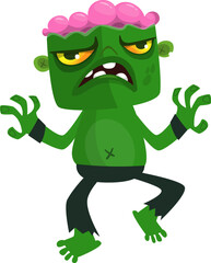 Cartoon funny green zombie. Halloween vector illustration of zombie creature.