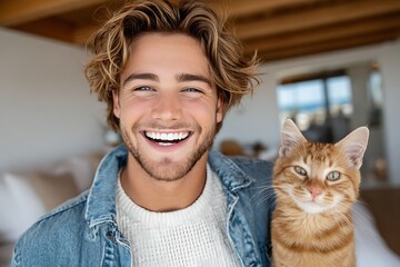 Happy man with orange cat smiles at camera indoors with friendly pet bond.