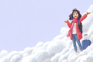 Happy traveler with luggage walking in the snow with winter adventure cartoon illustration.