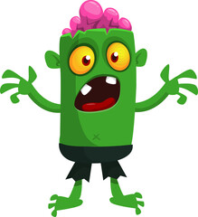 Fototapeta premium Cartoon funny green zombie. Halloween vector illustration of zombie creature.