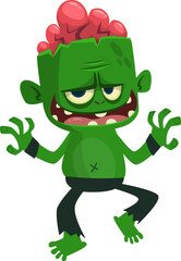 Cartoon funny green zombie character design. Halloween monster vector illustration