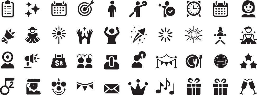 Collection of black celebration and event icons on white background vector