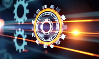 Abstract digital background with gears and lights, symbolizing the flow of data in an online platform for software development services or a technology concept for the tech industry. - Powered by Adobe