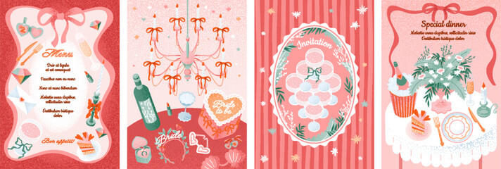 Bachelorette party. Cute vector illustration of bride decor, menu, champagne tower, festive table setting and chandelier for invitation, greeting card, poster or background