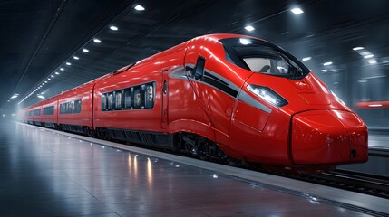 Fototapeta premium Modern red train moving through a dark station tunnel.