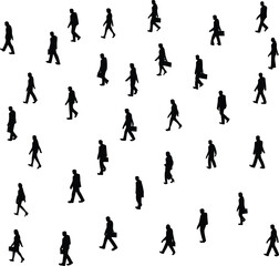 Silhouettes of business people walking with briefcases, professional attire, corporate commuters, office workers, urban lifestyle, business movement, teamwork, daily commute.