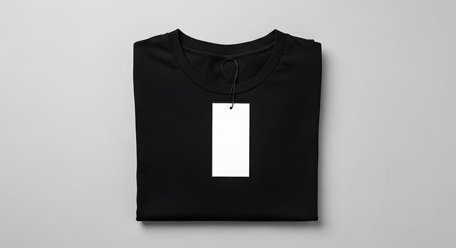 Neatly folded black t-shirt with a blank white rectangular tag for branding, isolated on a light gray background.