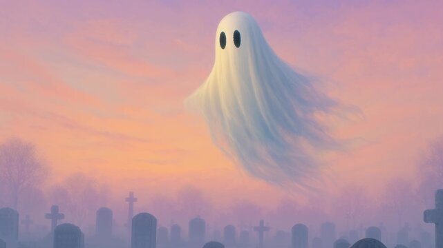 Ghostly Figure Floating Above Misty Graveyard at Sunset Creating Eerie Yet Serene Atmosphere