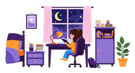 be Illustrator artwork vector illustration of a cozy child’s bedroom at night, with reading desk, moonlit window, books, and warm decor—perfect for parenting, education, and lifestyle themes