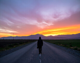 Obraz premium Silhouette of a person walking alone on an empty road at sunset, evoking solitude and reflection. Generative AI