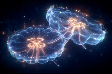Obraz premium Luminescent jellyfish with neon glow, digital art, deep sea, abstract, and underwater.