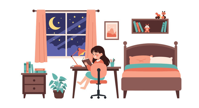 be Illustrator artwork vector illustration of a cozy child’s bedroom at night, with reading desk, moonlit window, books, and warm decor—perfect for parenting, education, and lifestyle themes