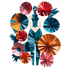 Naklejka premium Abstract Fashion Teal Figure Amidst Colorful Paper Flowers isolated on transparent background Generative AI.
