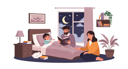 Adobe Illustrator artwork vector illustration of a warm bedtime scene with family reading to a child in a cozy bedroom at night, featuring moonlit window, books, and peaceful decor.