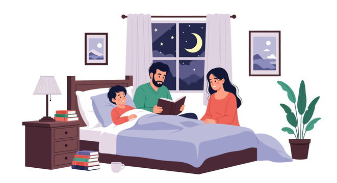 Adobe Illustrator artwork vector illustration of a warm bedtime scene with family reading to a child in a cozy bedroom at night, featuring moonlit window, books, and peaceful decor.