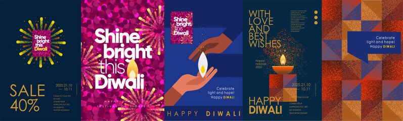 Happy Diwali. Festival of Lights. Vector modern abstract illustration of fireworks, diyas, hands with fire, salute, pattern, festive typography for poster, greeting card, sale flyer or background