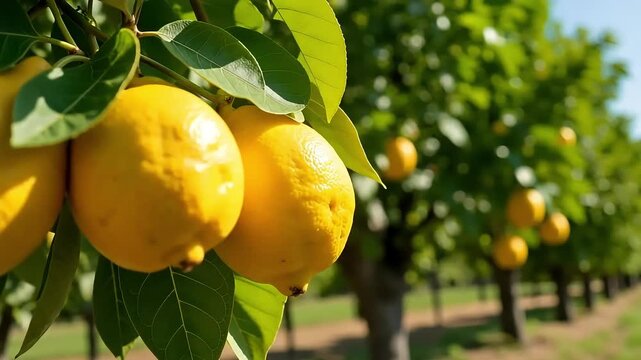 Bright lemons hanging fresh on the tree in a sunny orchard under a clear sky
