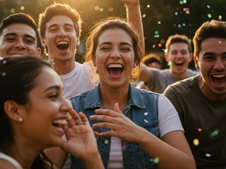 A joyous group of diverse young adults laughing and celebrating outdoors at golden hour, with confetti falling around them, radiating happiness.
