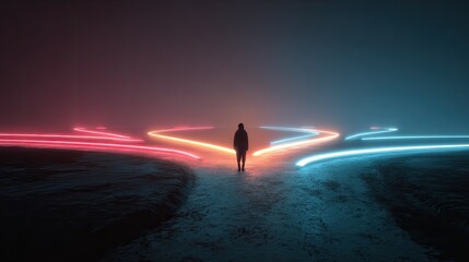 Lone figure at a crossroads at night with multiple paths illuminated by glowing neon lights, representing lifes choices and inner conflict, moody cinematic lighting