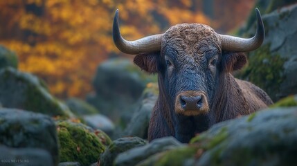 Majestic Aurochs in Autumn Forest Powerful Bull Amidst Colorful Foliage.