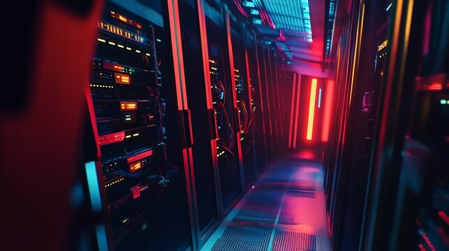 Server room with glowing red and blue lights illuminating rows of servers and network cables