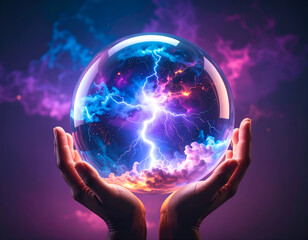 Hands holding a glowing magical orb filled with electric energy, fantasy and power concept. Generative AI