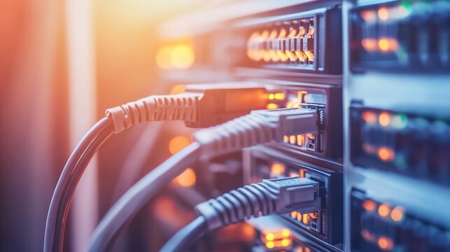 Close-up view of server room with extensive LAN cable connections and network hardware
